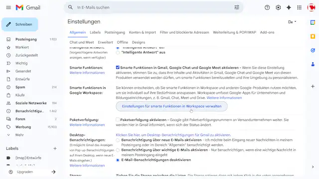 Smarte Funktionen in Googlemail: Dahinter steckt Gemini, die künstliche Intelligenz des Konzerns. Screenshot